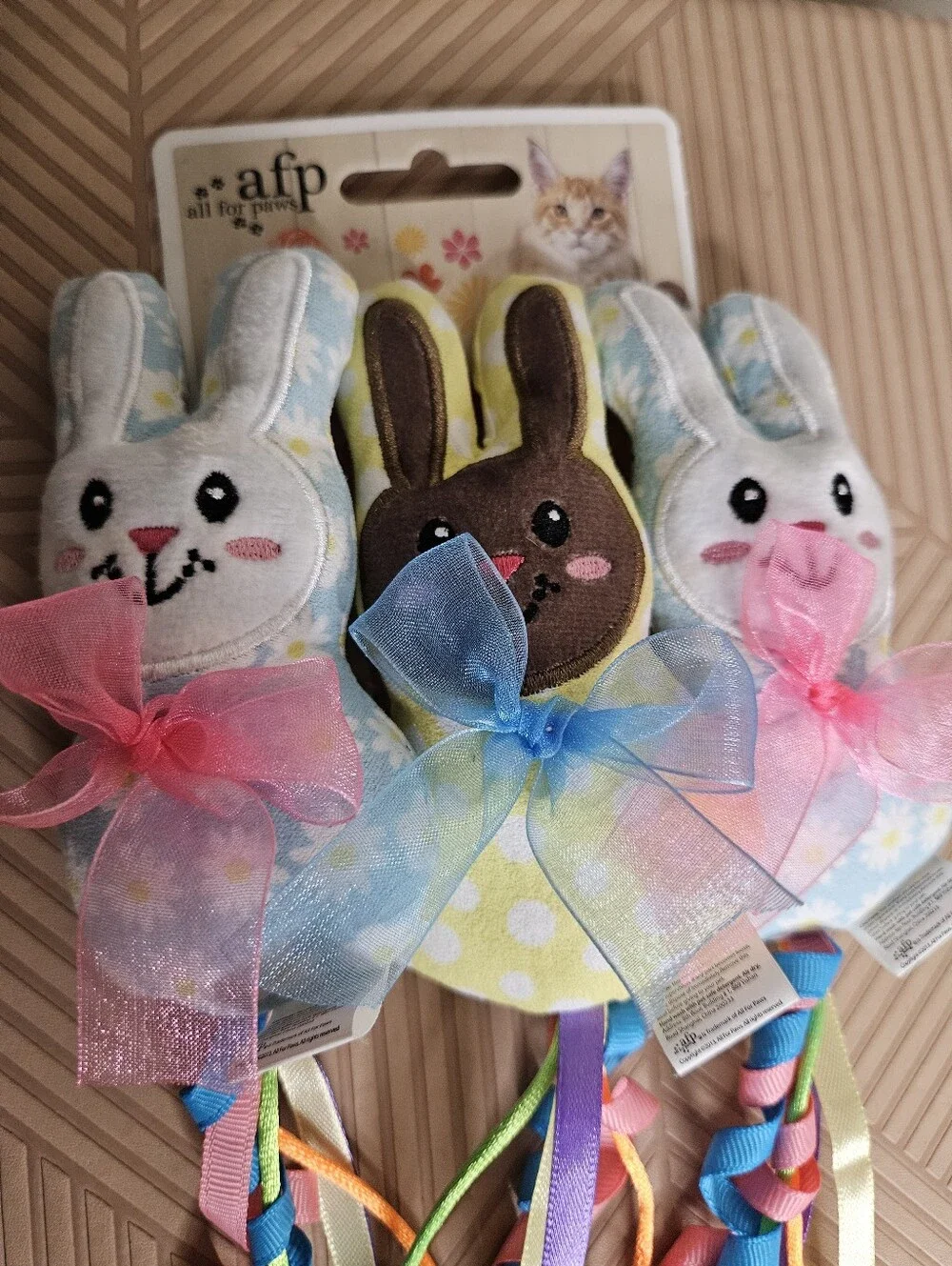 NEW All For Paws Bunny Ribbon Cat Toys - Pastel Blue, Pink, Yellow